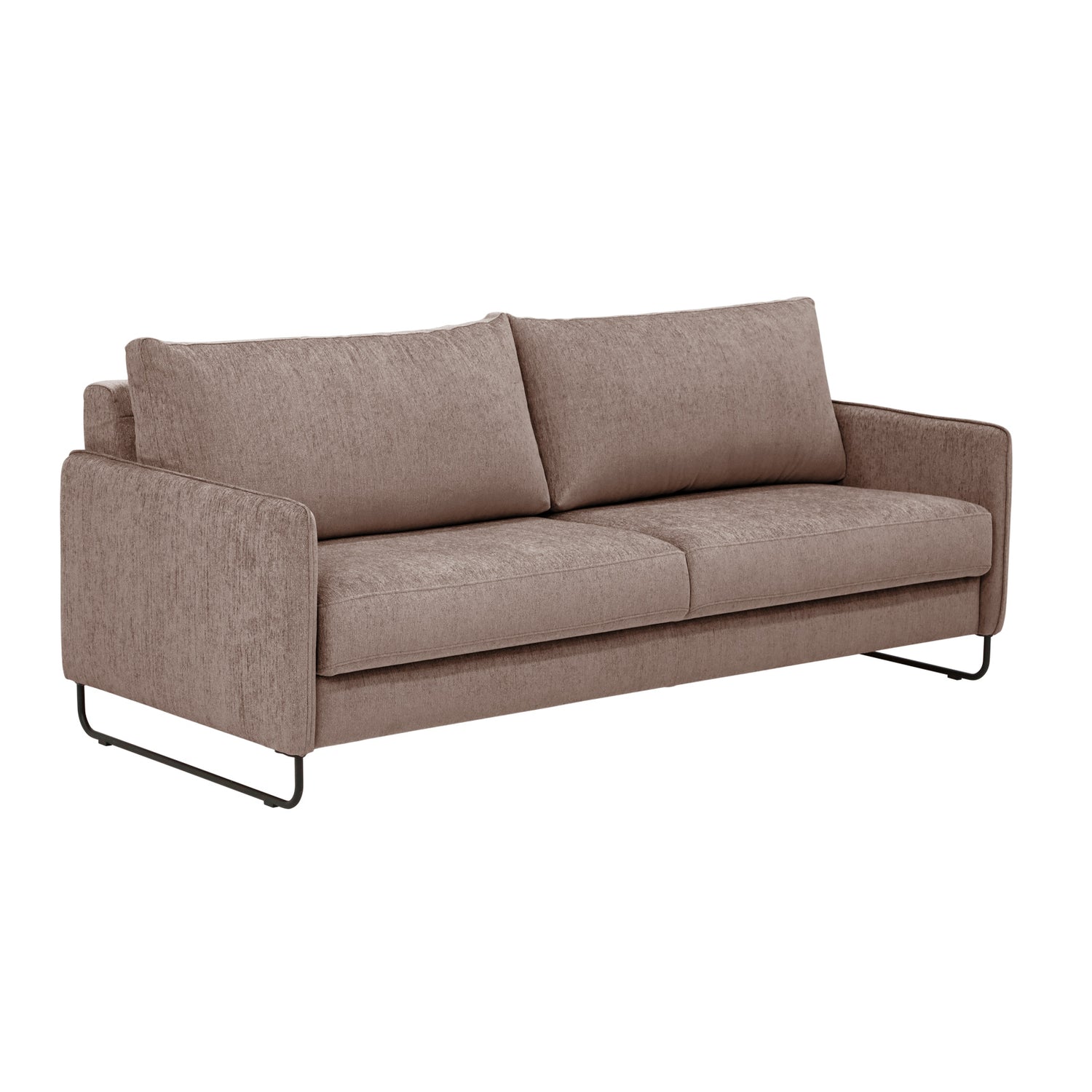 Duo Plus -vuodesohva ruskeanharmaalla Madras 80 -kangasverhoilulla ja mustilla metallijaloilla.