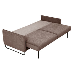 Kuvassa on Duo Plus -vuodesohva levitettynä vuoteeksi (mekanismissa mustat suorat metalliset jalat). Verhoiluna on ruskeanharmaa Madras 80 -kangasverhoilu ja sohvassa on mustat metalliset kelkkajalat.