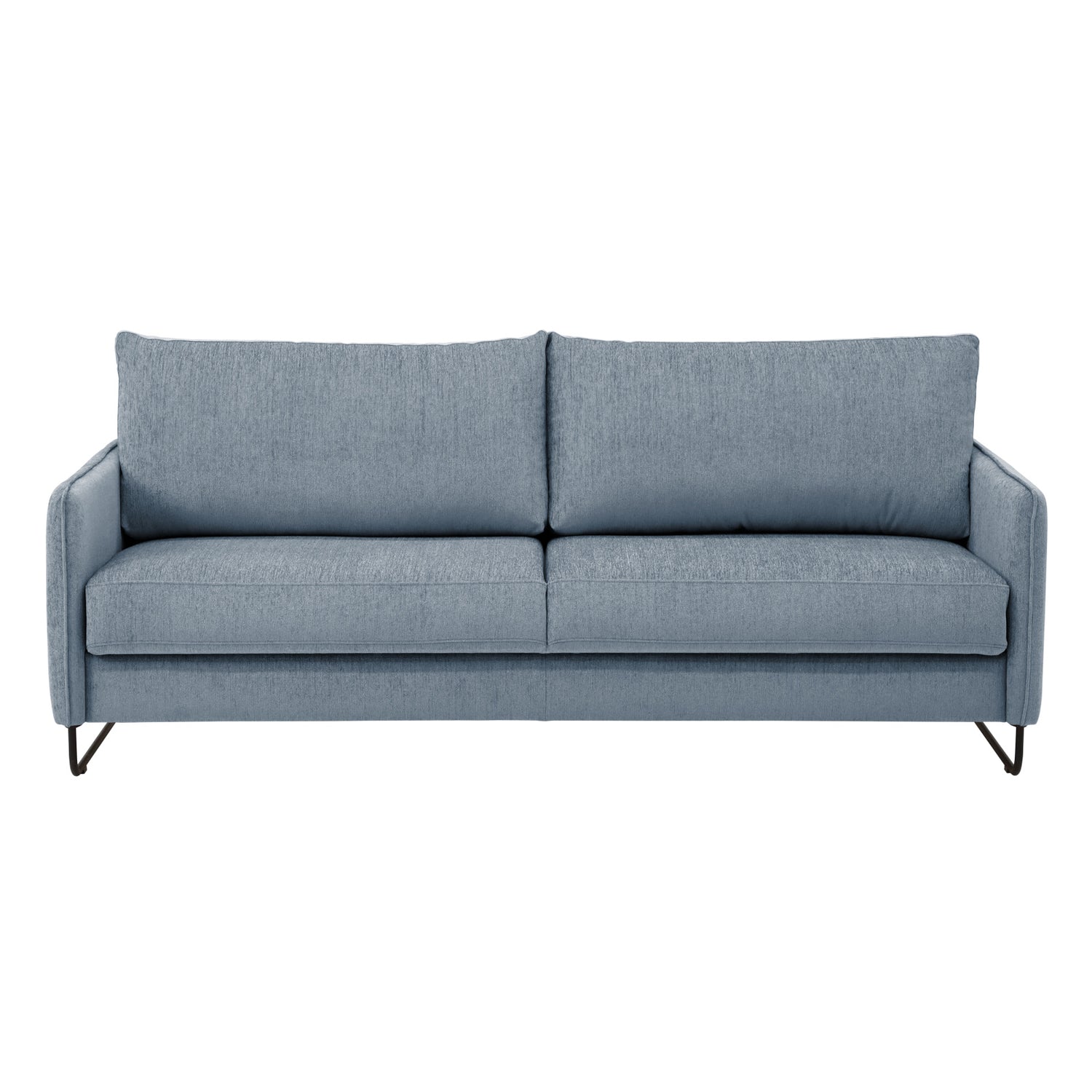 Duo Plus -vuodesohva sinisellä Madras 94 -kangasverhoilulla ja mustilla metallijaloilla.