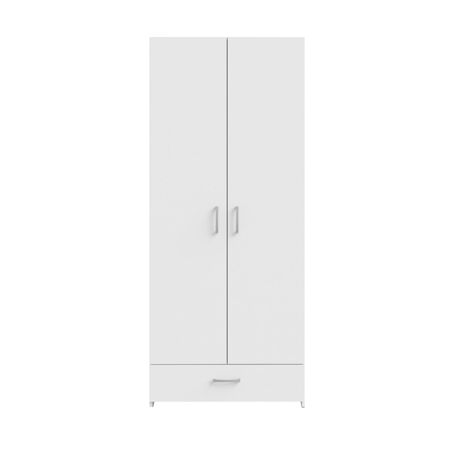 Kokovalkoinen 2-ovinen Kira-komero kokoleveällä vetolaatikolla. Ovissa ja laatikoissa on hopeanharmaat vetimet.