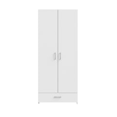 Kokovalkoinen 2-ovinen Kira-komero kokoleveällä vetolaatikolla. Ovissa ja laatikoissa on hopeanharmaat vetimet.