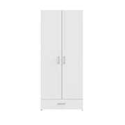 Kokovalkoinen 2-ovinen Kira-komero kokoleveällä vetolaatikolla. Ovissa ja laatikoissa on hopeanharmaat vetimet.