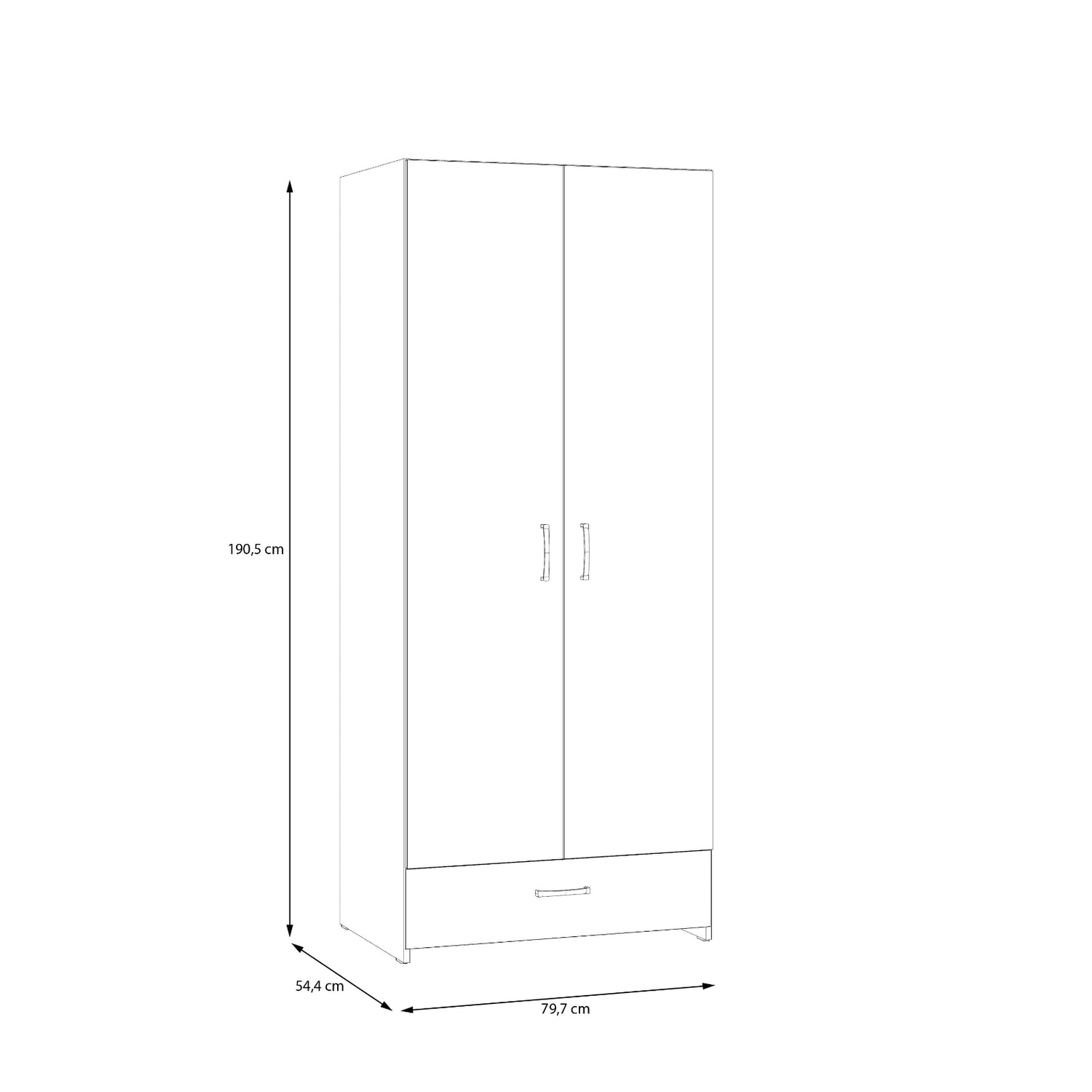Kuvassa on kokovalkoisen 2-ovisen Kira-komeron ulkomitat.