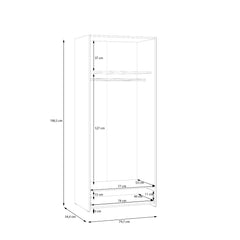 Kuvassa on kokovalkoisen 2-ovisen Kira-kaapiston mittapiirroskuva ulko- ja sisämitoista.