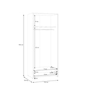 Kuvassa on kokovalkoisen 2-ovisen Kira-kaapiston mittapiirroskuva ulko- ja sisämitoista.