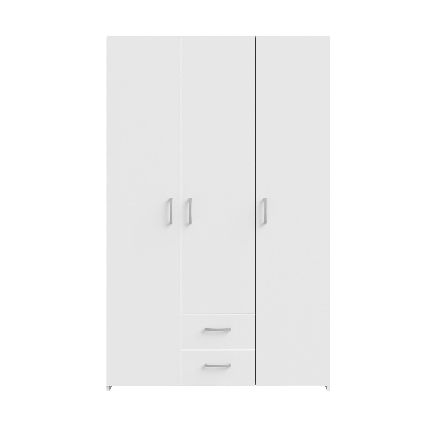 Kokovalkoinen 3-ovinen Kira-komero kahdella vetolaatikolla. Ovissa ja laatikoissa on hopeanharmaat vetimet.