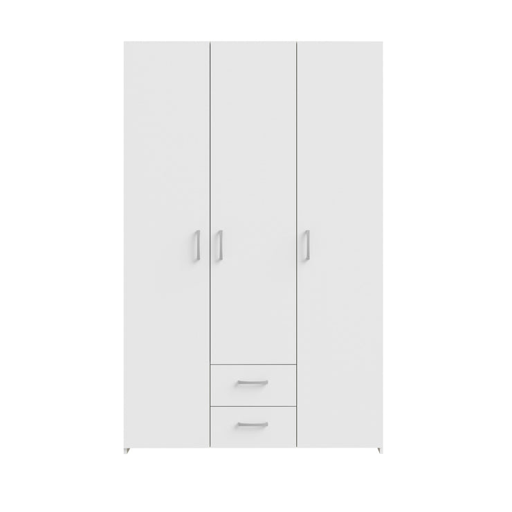 Kokovalkoinen 3-ovinen Kira-komero kahdella vetolaatikolla. Ovissa ja laatikoissa on hopeanharmaat vetimet.