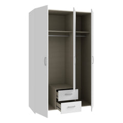 Kuvassa kokovalkoisen 3-ovisen/2-laatikkoisen Kira-komeron sisätilat. Vasemmanpuoleinen tuplaovikaappi laatikostolla on oikeanpuoleista kaappia leveämpi. Molemmissa kaapeissa on hattuhylly ja rekkitanko. Kaapin sisus on väriltään harmaata kangasjäljitelmää ja vetimet ovat alumiinin väriset.