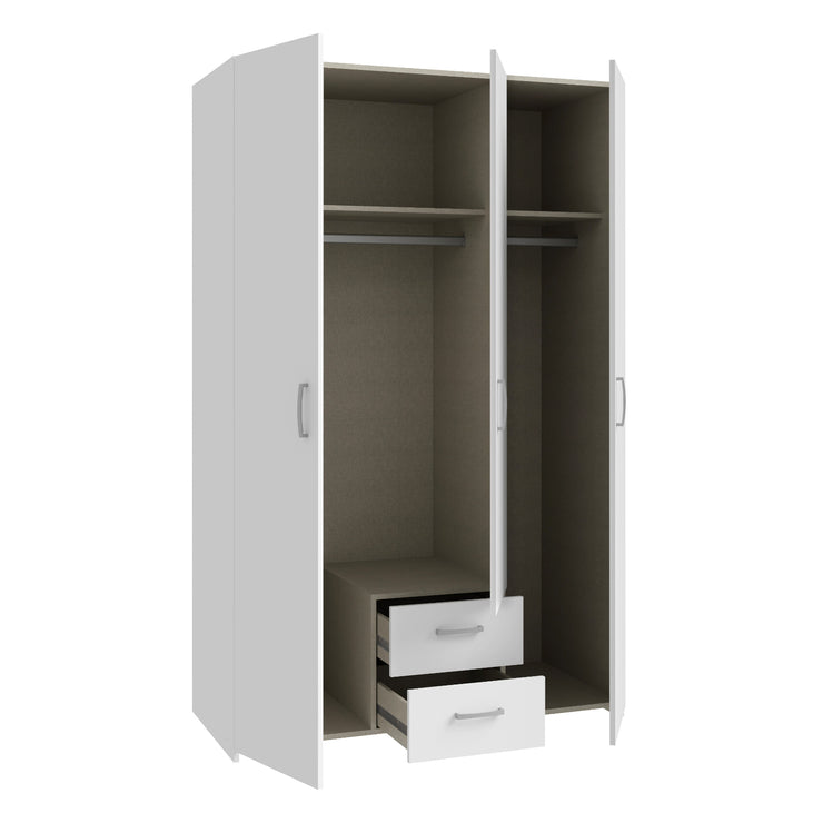 Kuvassa kokovalkoisen 3-ovisen/2-laatikkoisen Kira-komeron sisätilat. Vasemmanpuoleinen tuplaovikaappi laatikostolla on oikeanpuoleista kaappia leveämpi. Molemmissa kaapeissa on hattuhylly ja rekkitanko. Kaapin sisus on väriltään harmaata kangasjäljitelmää ja vetimet ovat alumiinin väriset.