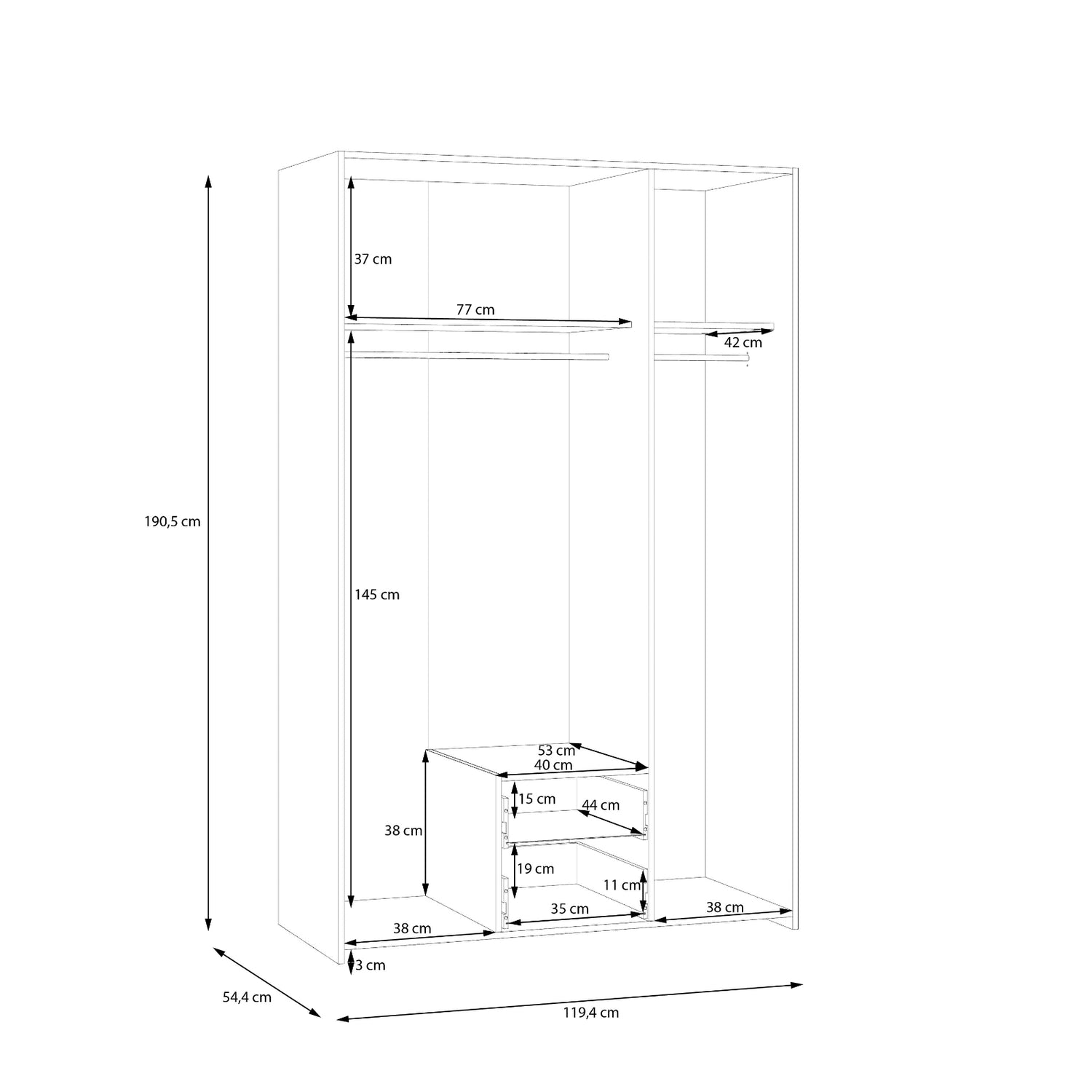 Kuvassa on kokovalkoisen 3-ovisen Kira-kaapiston mittapiirroskuva ulko- ja sisämitoista.