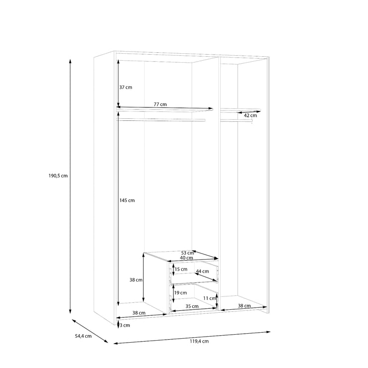 Kuvassa on kokovalkoisen 3-ovisen Kira-kaapiston mittapiirroskuva ulko- ja sisämitoista.