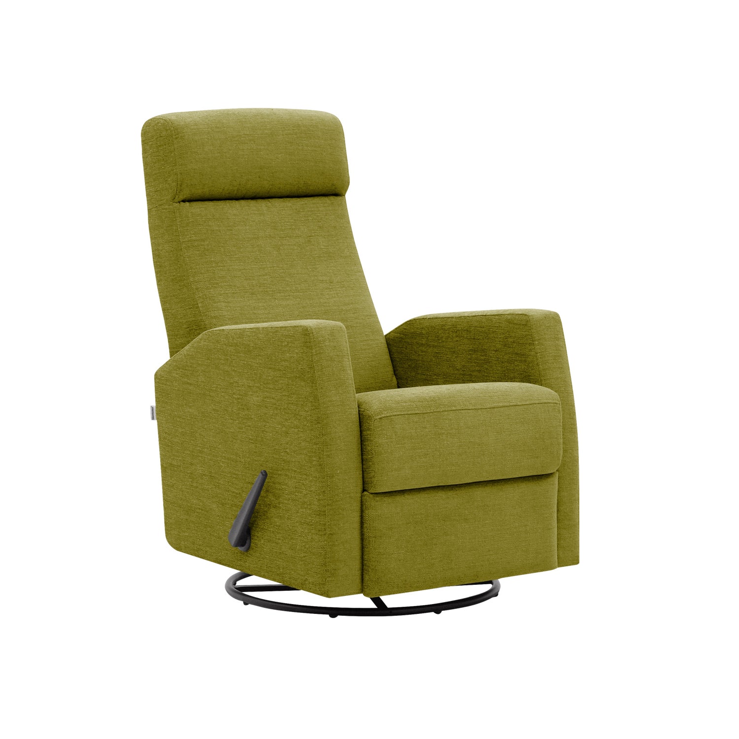 Elise-reclinertuoli oliivinvärisellä Otaru 626 -verhoilukankaalla. Elise-lepotuoli on malliltaan siro ja kapea reclinertuoli pyörintä- ja keinuntamekanismeilla.