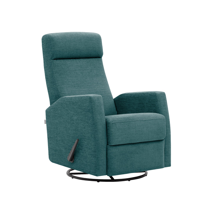Elise-reclinertuoli turkoosilla Otaru 629 -verhoilukankaalla. Elise-lepotuoli on malliltaan siro ja kapea reclinertuoli pyörintä- ja keinuntamekanismeilla.