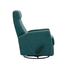 Elise-reclinertuoli turkoosilla Otaru 629 -verhoilukankaalla. Elise-lepotuoli on malliltaan siro ja kapea reclinertuoli pyörintä- ja keinuntamekanismeilla.
