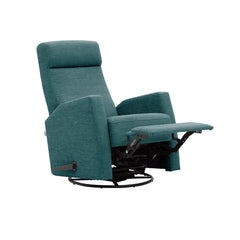 Elise-reclinertuoli turkoosilla Otaru 629 -verhoilukankaalla. Elise-lepotuoli on malliltaan siro ja kapea reclinertuoli pyörintä- ja keinuntamekanismeilla.