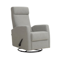 Elise-reclinertuoli vaaleanharmaalla  Genova 84 -verhoilukankaalla. Elise-lepotuoli on malliltaan siro ja kapea reclinertuoli pyörintä- ja keinuntamekanismeilla. Kuvassa näkyy kahva, jolla mekanismiominaisuuksia käytetään.