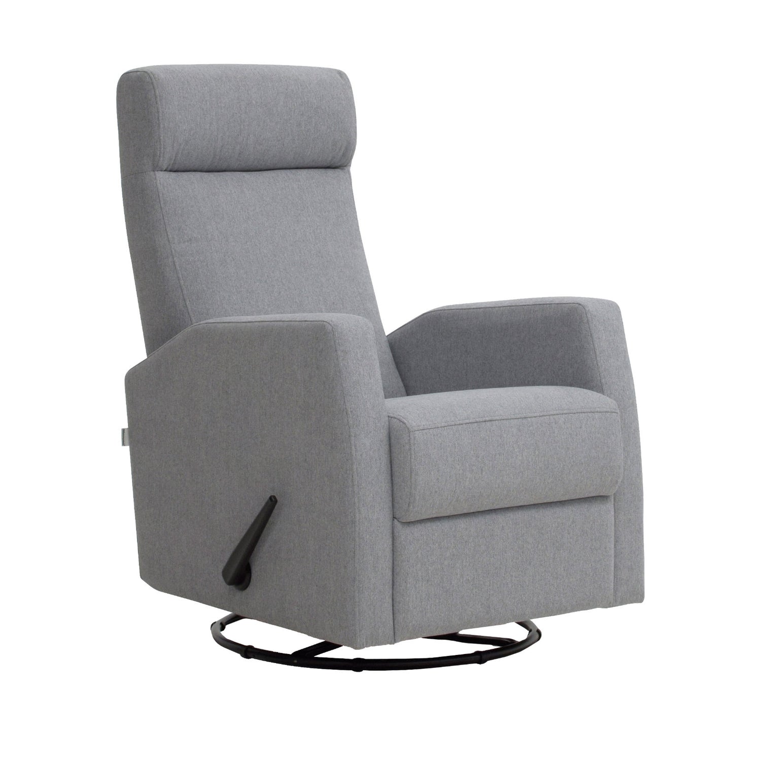 Elise-reclinertuoli harmaalla Genova 88 -verhoilukankaalla. Elise-lepotuoli on malliltaan siro ja kapea reclinertuoli pyörintä- ja keinuntamekanismeilla. Kuvassa näkyy kahva, jolla mekanismiominaisuuksia käytetään.