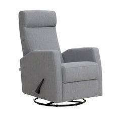 Elise-reclinertuoli harmaalla Genova 88 -verhoilukankaalla. Elise-lepotuoli on malliltaan siro ja kapea reclinertuoli pyörintä- ja keinuntamekanismeilla. Kuvassa näkyy kahva, jolla mekanismiominaisuuksia käytetään.