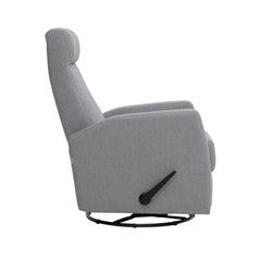 Elise-reclinertuoli harmaalla Genova 88 -verhoilukankaalla. Elise-lepotuoli on malliltaan siro ja kapea reclinertuoli pyörintä- ja keinuntamekanismeilla. Kuvassa näkyvästä kahvasta tuolin selkänoja kallistuu, sekä jalkarahi nousee ylös.