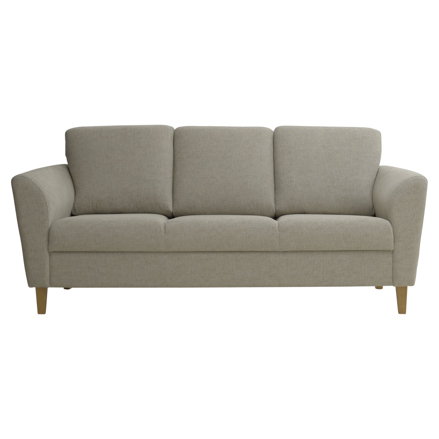 3-istuttava Ella-sohva vaalean hiekanvärisellä Manhattan 891 -kangasverhoilulla ja tammenvärisillä koivujaloilla.