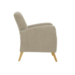 Fanni-nojatuoli hiekan värisellä Naomi 430 -verhoilukankaalla ja luonnonvärisillä tammijaloilla.