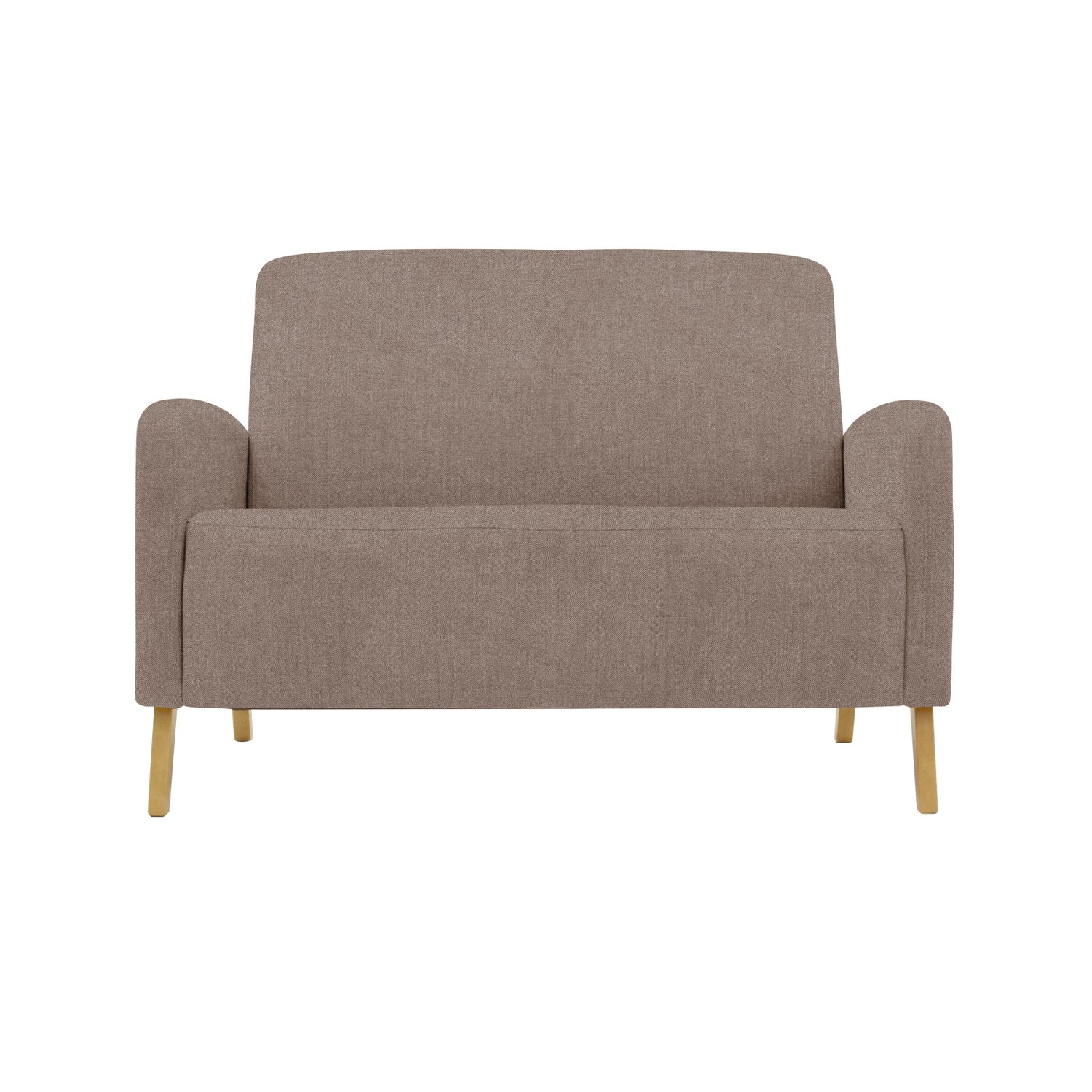 Fanni 2-istuttava sohva tumman hiekan värisellä Barcelona 30 -verhoilukankaalla ja luonnonvärisillä tammijaloilla.