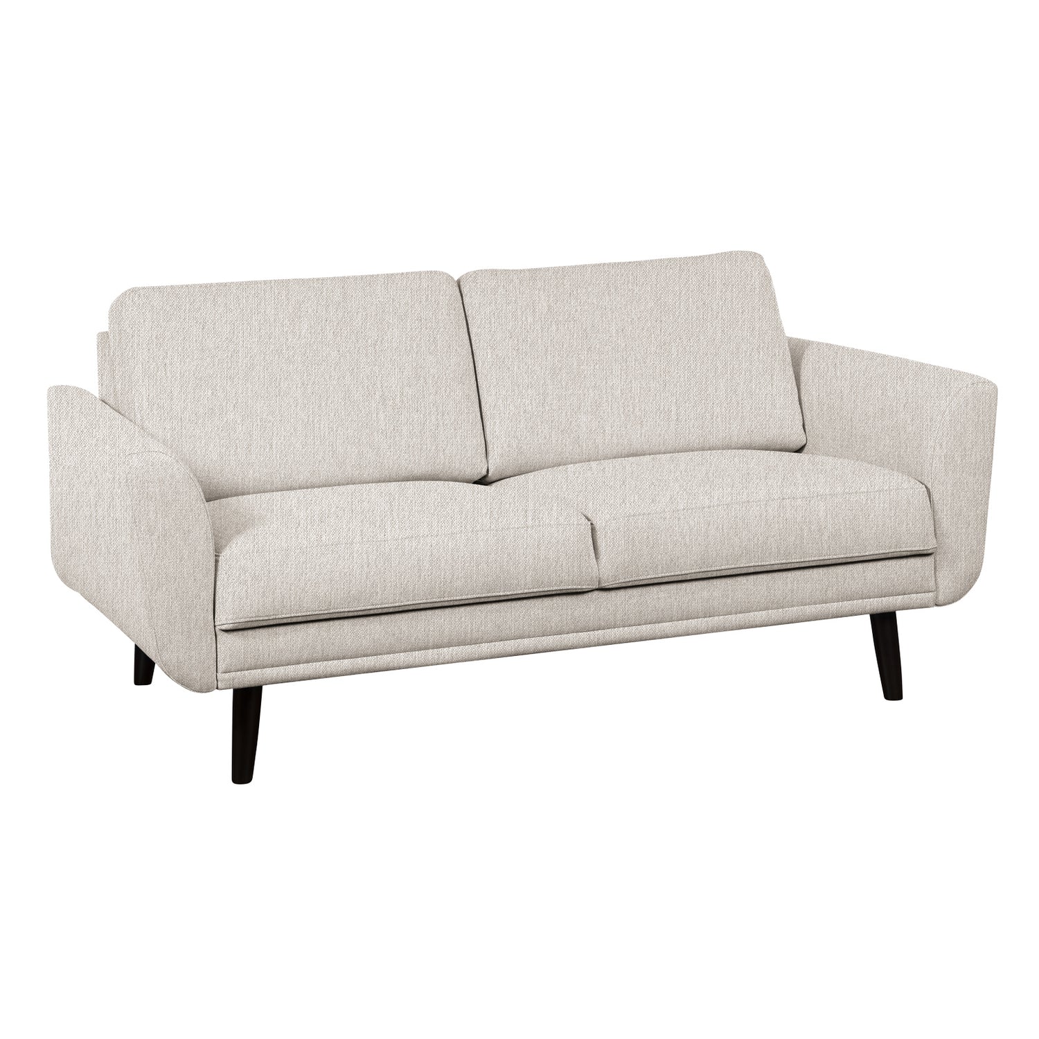 Finby-sohva vaalealla Sparr 160 -kankaalla ja wengen värisillä puujaloilla.