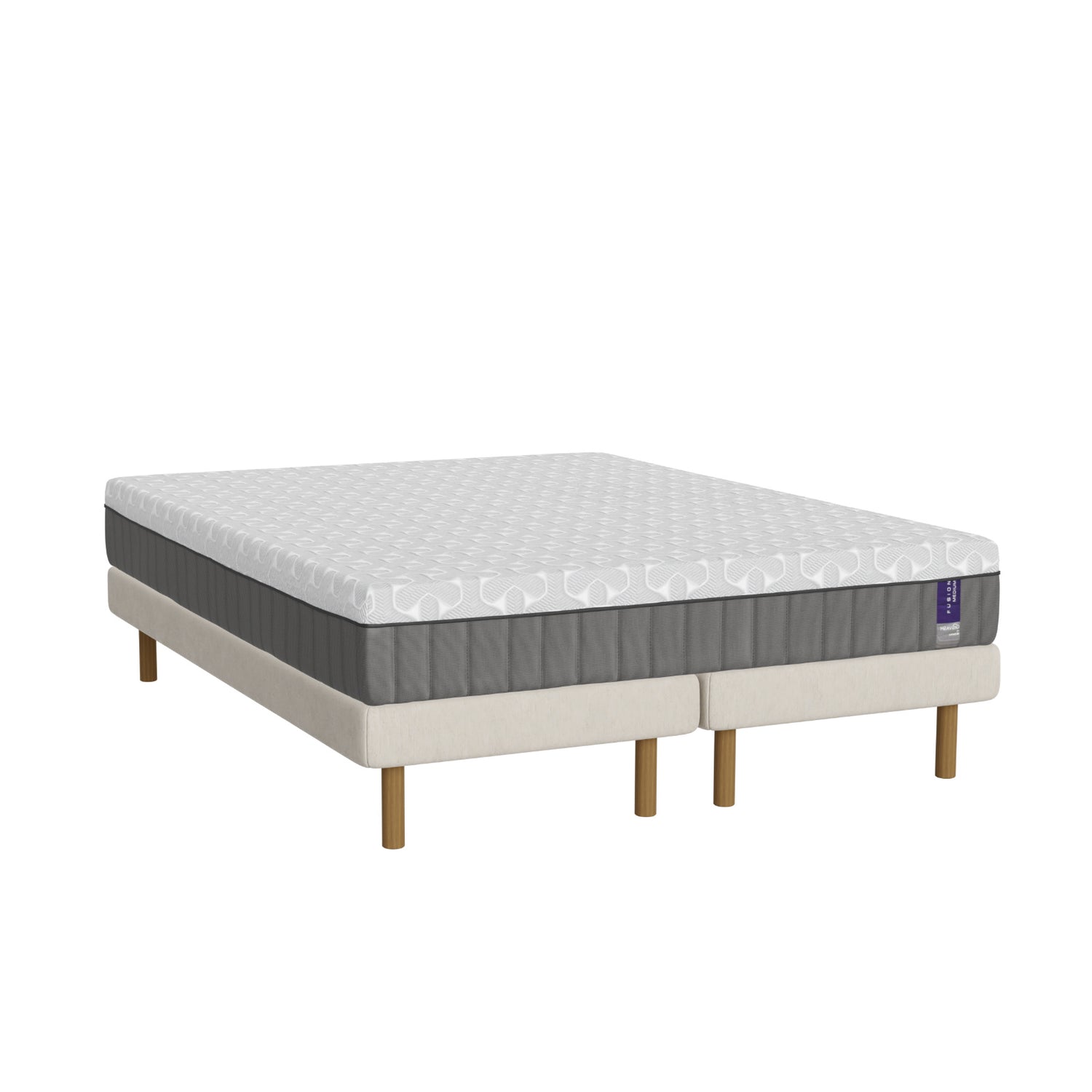 Valkoinen Heaven By Unico Fusion -runkopatjapaketti 180 x 200 cm. Pakettiin kuuluu 2 kpl tukevaa 90 cm Lounge-vuoderunkoa, 180 cm Fusion Nano Cool™ memory foam patja sekä pyöreät tammen väriset jalat. 