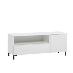 Valkoinen Helsinki-sarjan tv-taso mustilla 12 cm metallijaloilla.