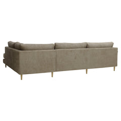 Halla-kulmadivaani oikeanpuoleisella divaanilla. Sohva on verhoiltu beigenruskealla Vogue 02 -kankaalla. Luonnonväriset 14 cm pyöreäkartiopuujalat.