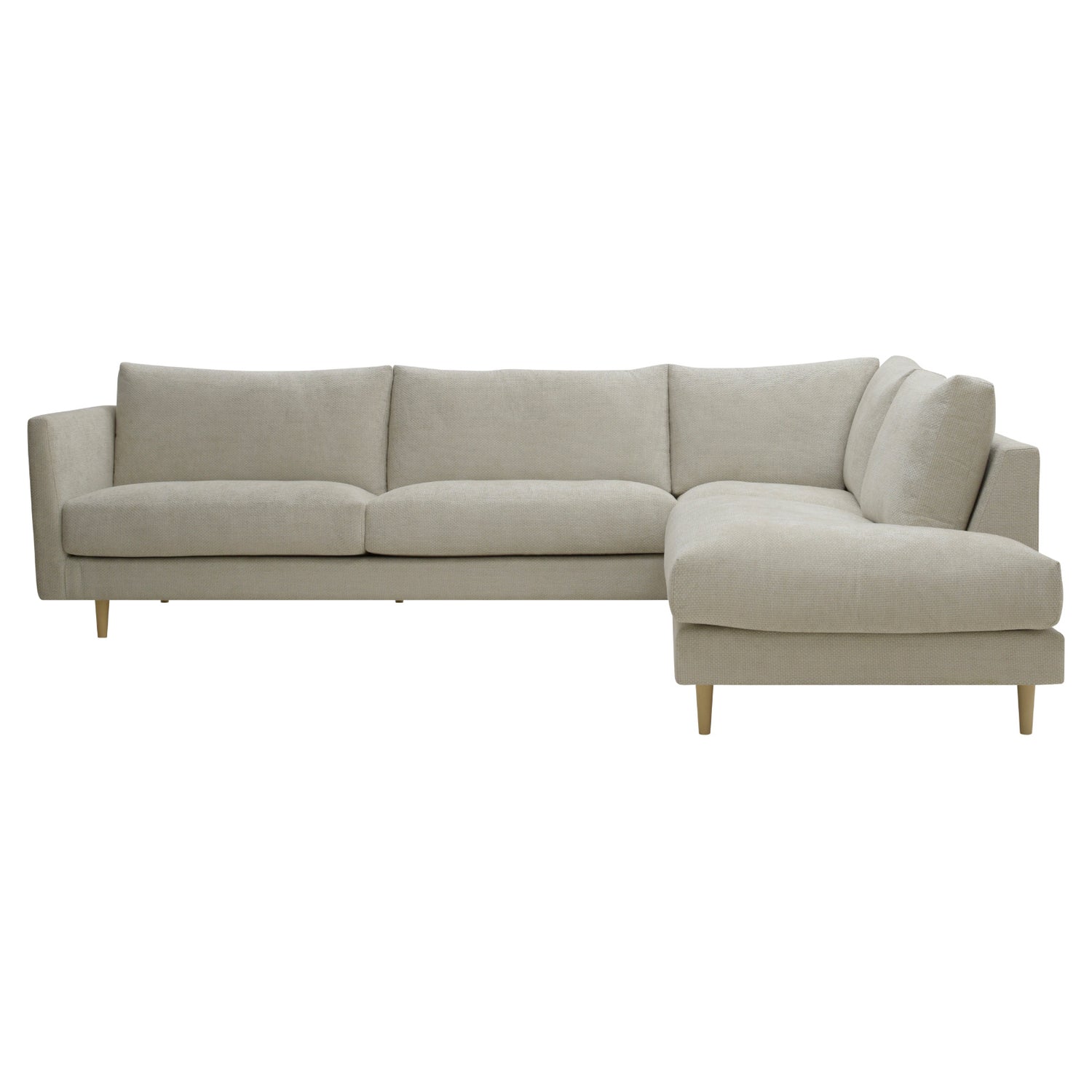 Halla-kulmadivaani oikeanpuoleisella divaanilla. Sohva on verhoiltu harmaanbeigellä Vogue 04 -kankaalla. Luonnonväriset 14 cm pyöreäkartiopuujalat.