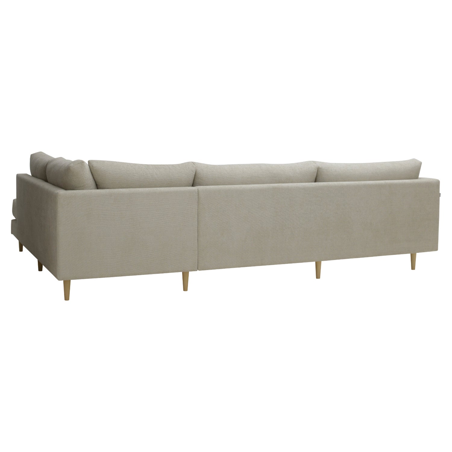 Halla-kulmadivaani oikeanpuoleisella divaanilla. Sohva on verhoiltu harmaanbeigellä Vogue 04 -kankaalla. Luonnonväriset 14 cm pyöreäkartiopuujalat.