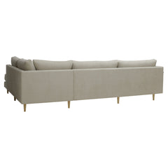 Halla-kulmadivaani oikeanpuoleisella divaanilla. Sohva on verhoiltu harmaanbeigellä Vogue 04 -kankaalla. Luonnonväriset 14 cm pyöreäkartiopuujalat.