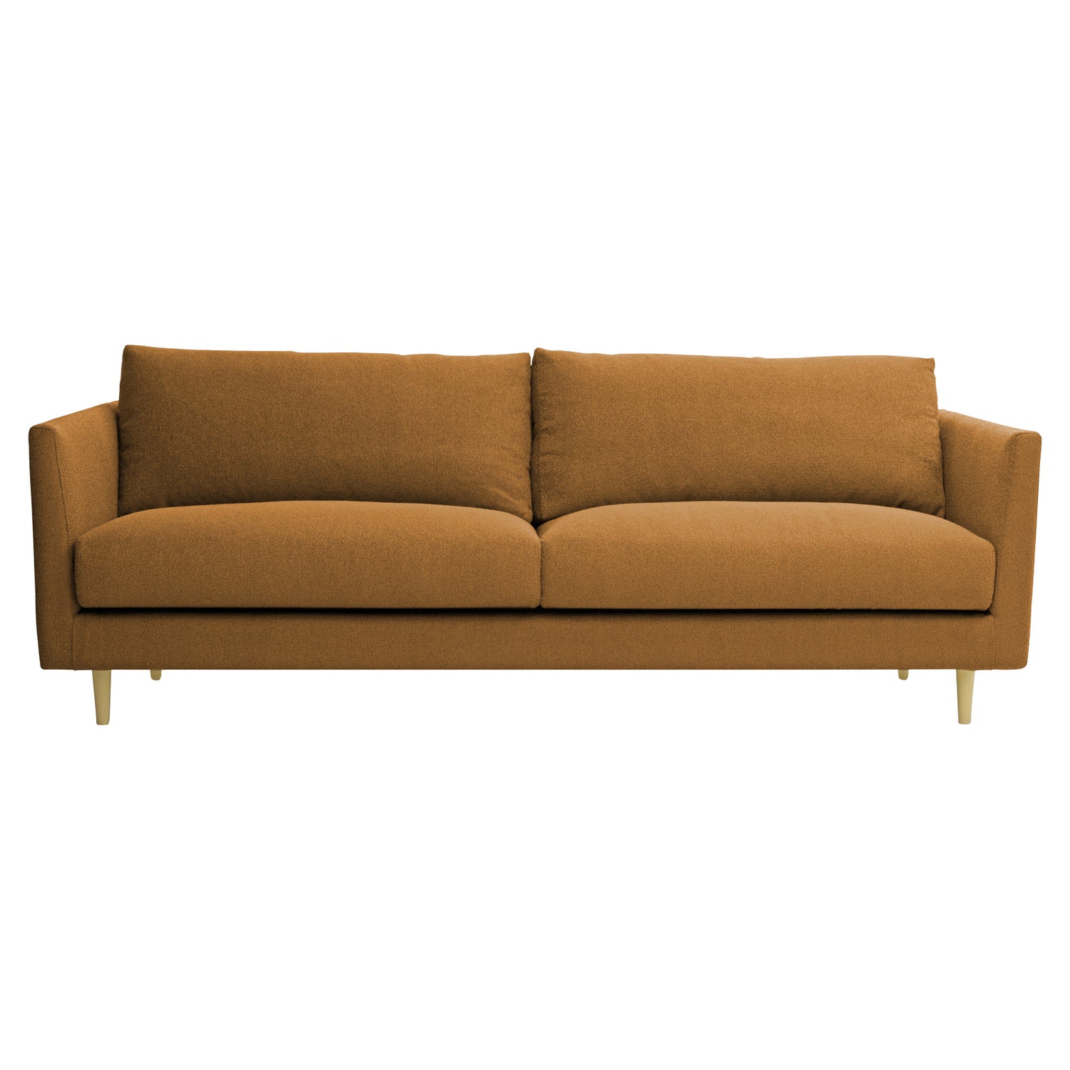 3-istuttava 252 cm Halla-sohva okran värisellä Bond 19 -kankaalla. Luonnonväriset 14 cm pyöreäkartiopuujalat.