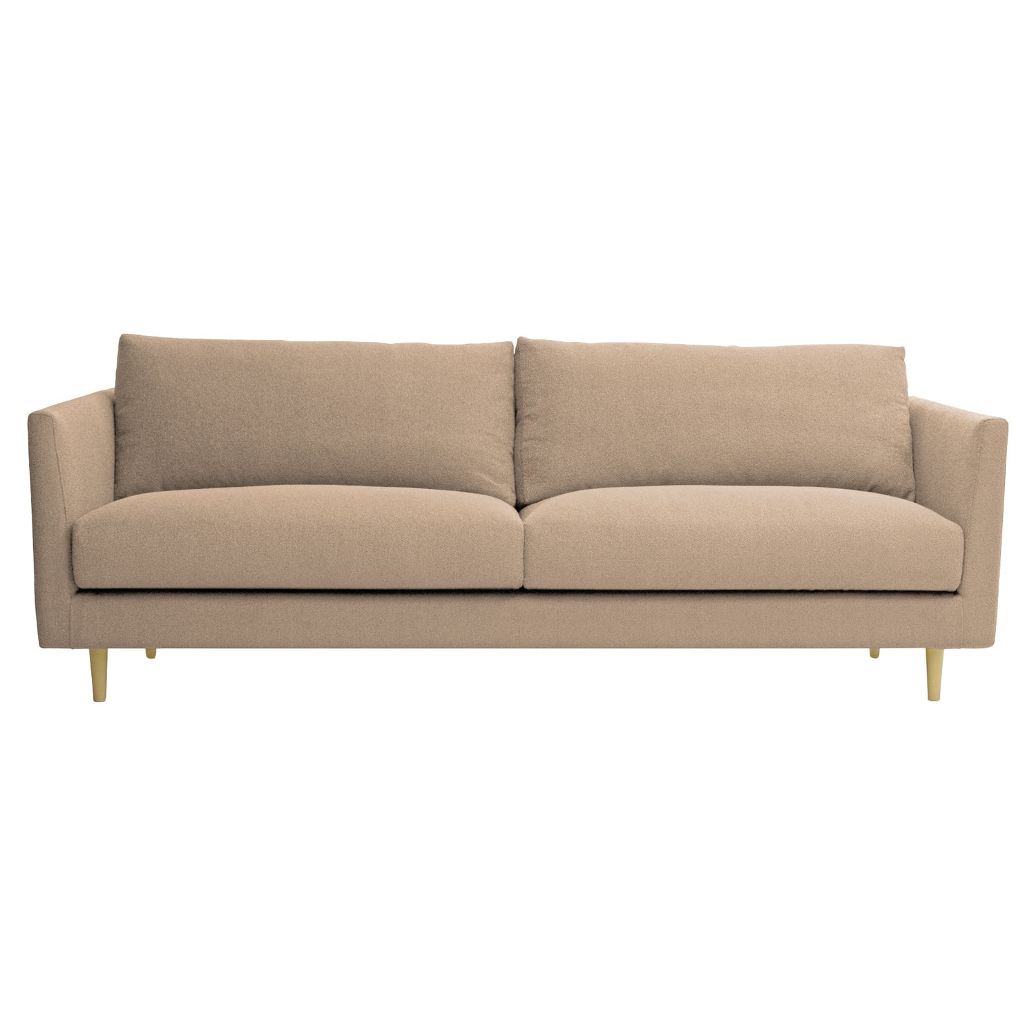 3-istuttava 252 cm Halla-sohva hunajan värisellä Bond 24 -kankaalla. Luonnonväriset 14 cm pyöreäkartiopuujalat.
