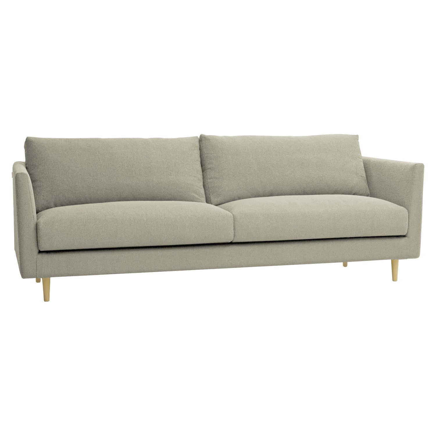 3-istuttava 252 cm Halla-sohva hiekan värisellä Bond 8 -kankaalla. Luonnonväriset 14 cm pyöreäkartiopuujalat.