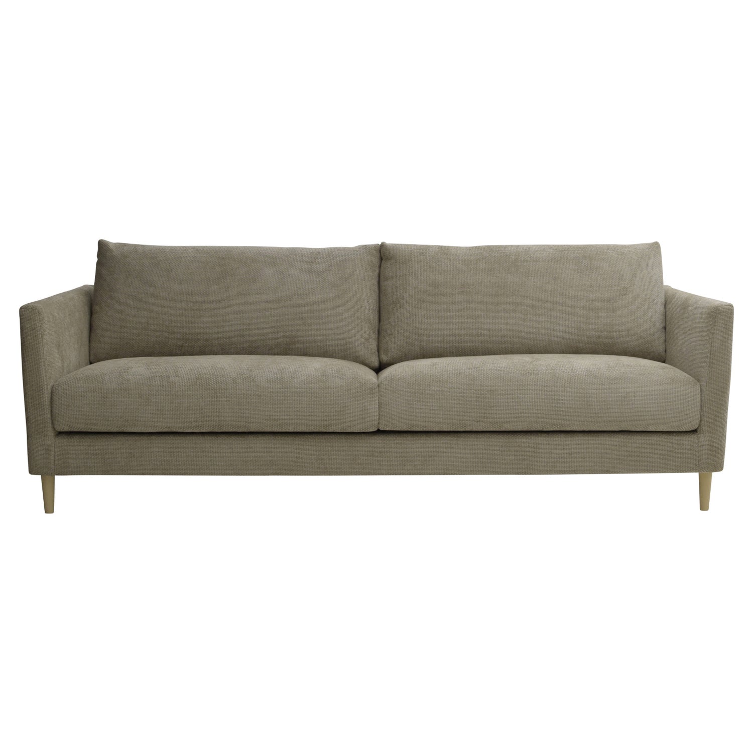 3-istuttava 232 cm Halla-sohva harmaanbeigellä Vogue 02 -kankaalla. Luonnonväriset 14 cm pyöreäkartiopuujalat.