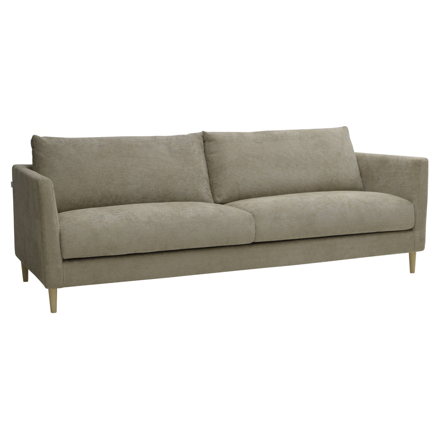 3-istuttava 232 cm Halla-sohva hiekanvärisellä Vogue 02 -kankaalla. Luonnonväriset 14 cm pyöreäkartiopuujalat.