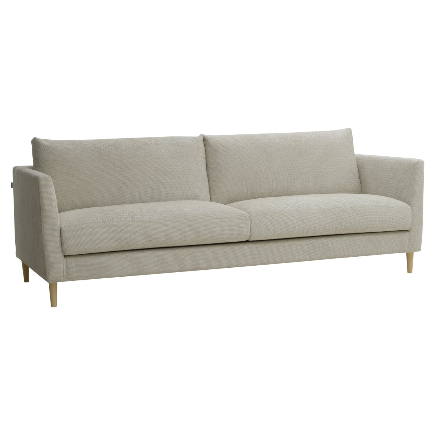 3-istuttava 232 cm Halla-sohva harmaanbeigellä Vogue 04 -kankaalla. Luonnonväriset 14 cm pyöreäkartiopuujalat.