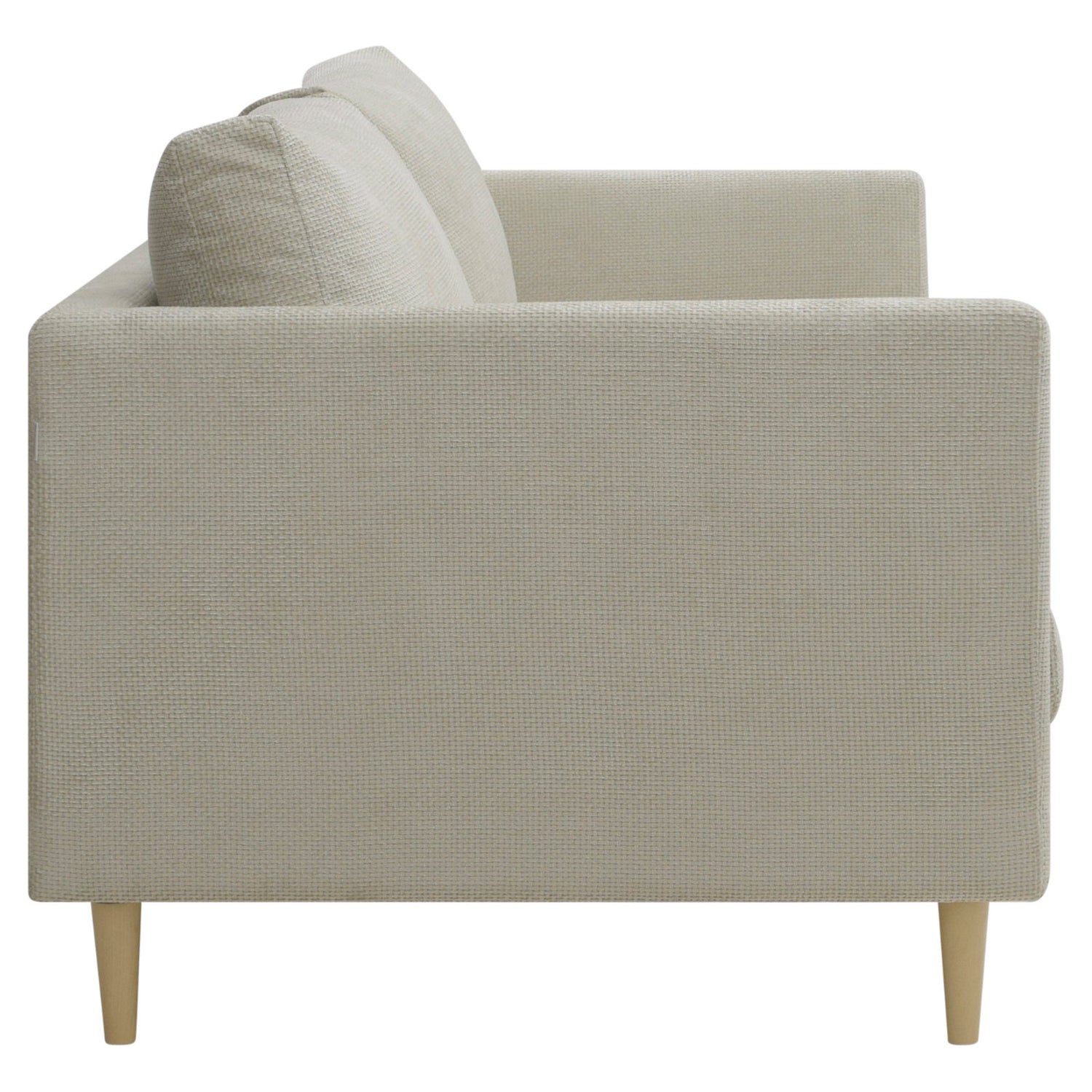 3-istuttava 232 cm Halla-sohva harmaanbeigellä Vogue 04 -kankaalla. Luonnonväriset 14 cm pyöreäkartiopuujalat.