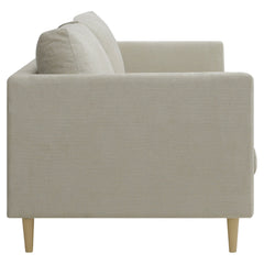 3-istuttava 232 cm Halla-sohva harmaanbeigellä Vogue 04 -kankaalla. Luonnonväriset 14 cm pyöreäkartiopuujalat.