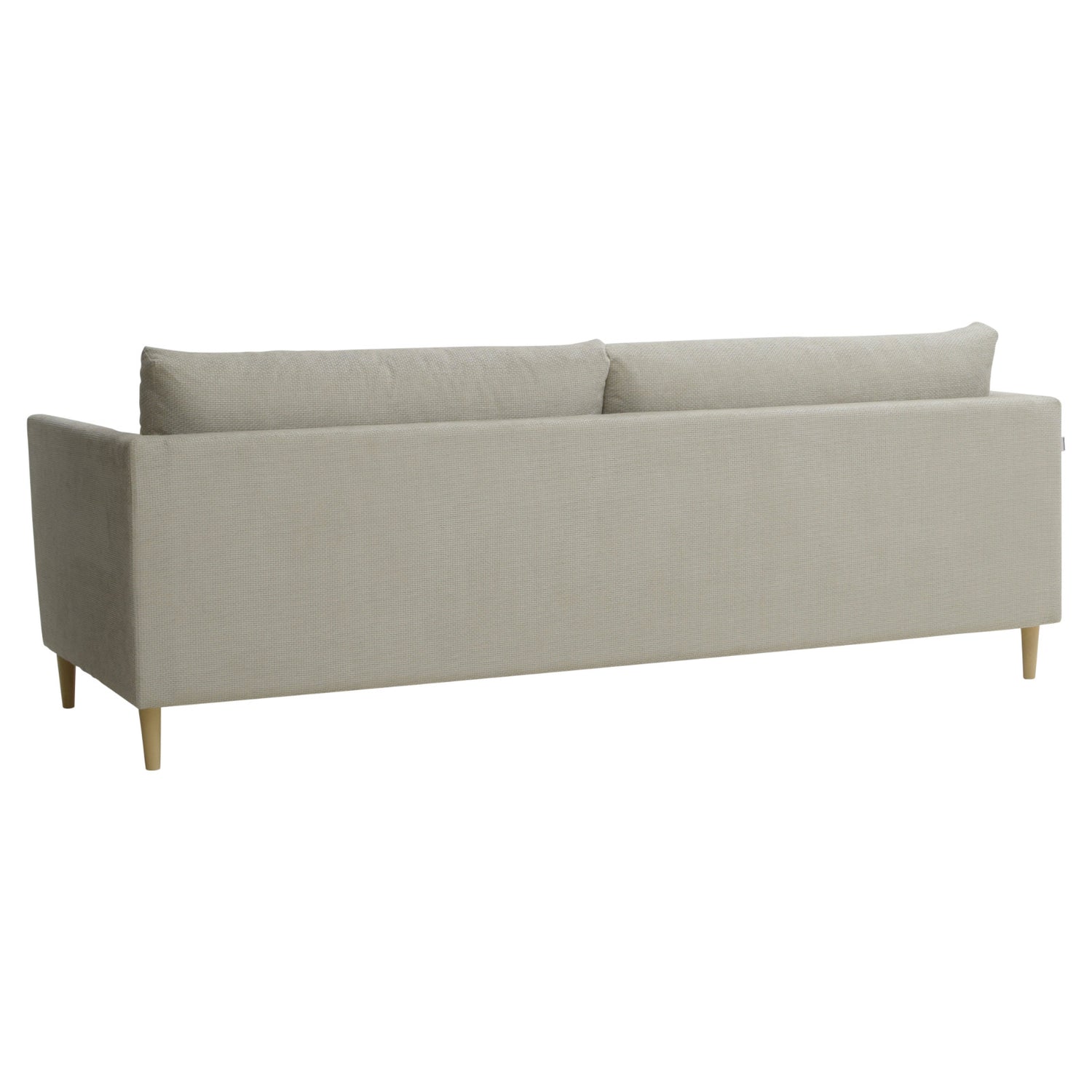 3-istuttava 232 cm Halla-sohva harmaanbeigellä Vogue 04 -kankaalla. Luonnonväriset 14 cm pyöreäkartiopuujalat.