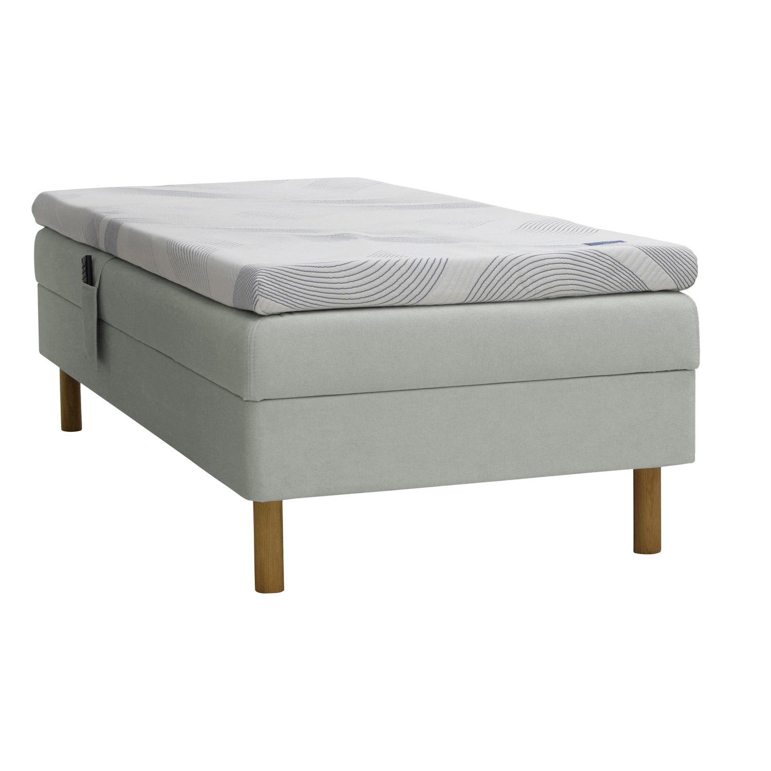 Kuvassa on harmaa Tunnel 17 -kangasverhoiltu Heaven By Unico Revive -moottorisänkypaketti. Pakettiin kuuluu Revive-säätörunko ja Revive 8 Nano Cool™-verhoiltu Memory -ergosijauspatja sekä pyöreät tammenväriset puujalat.