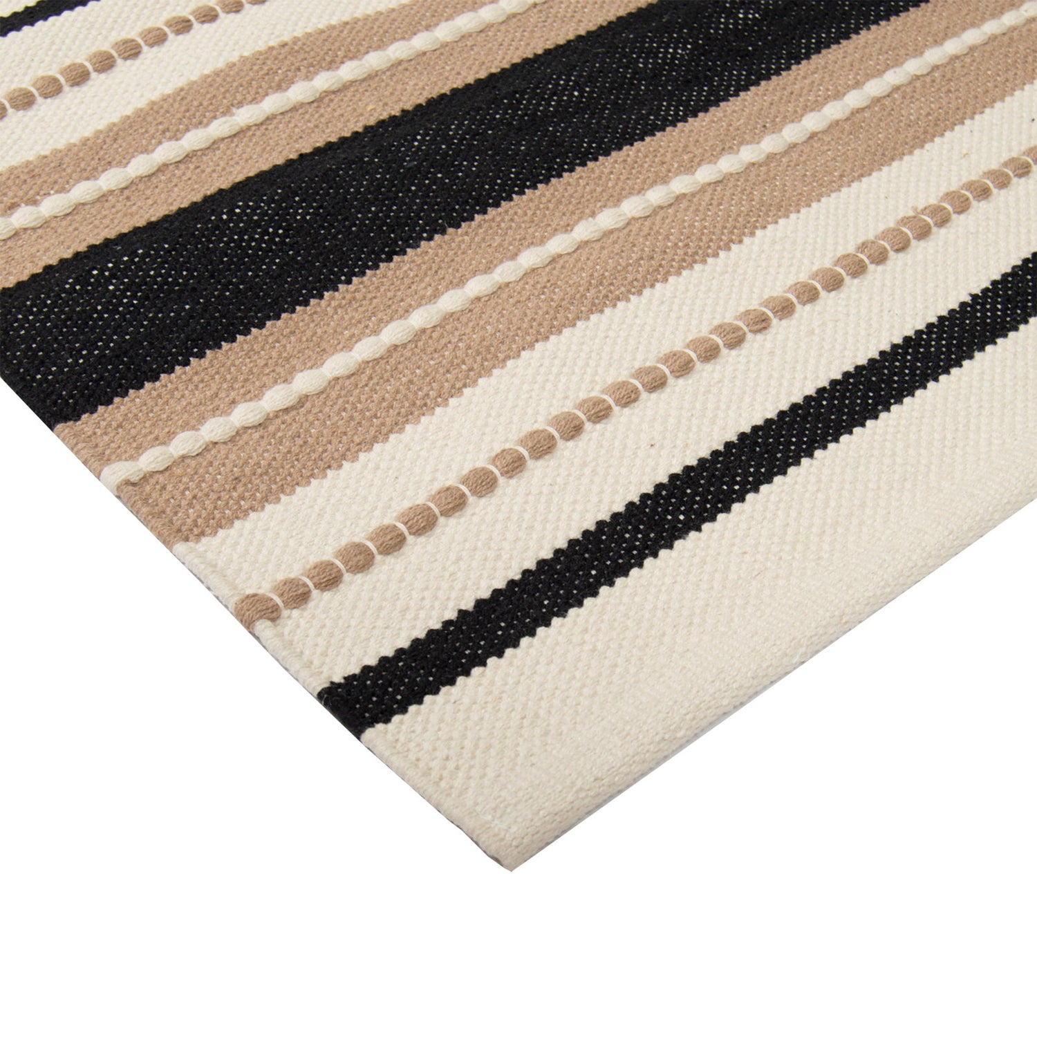 Heinävesi-puuvillamatto, beige. Yksipuoleisessa matossa on ajaton raidallinen kuosi ja luonnollinen materiaali.