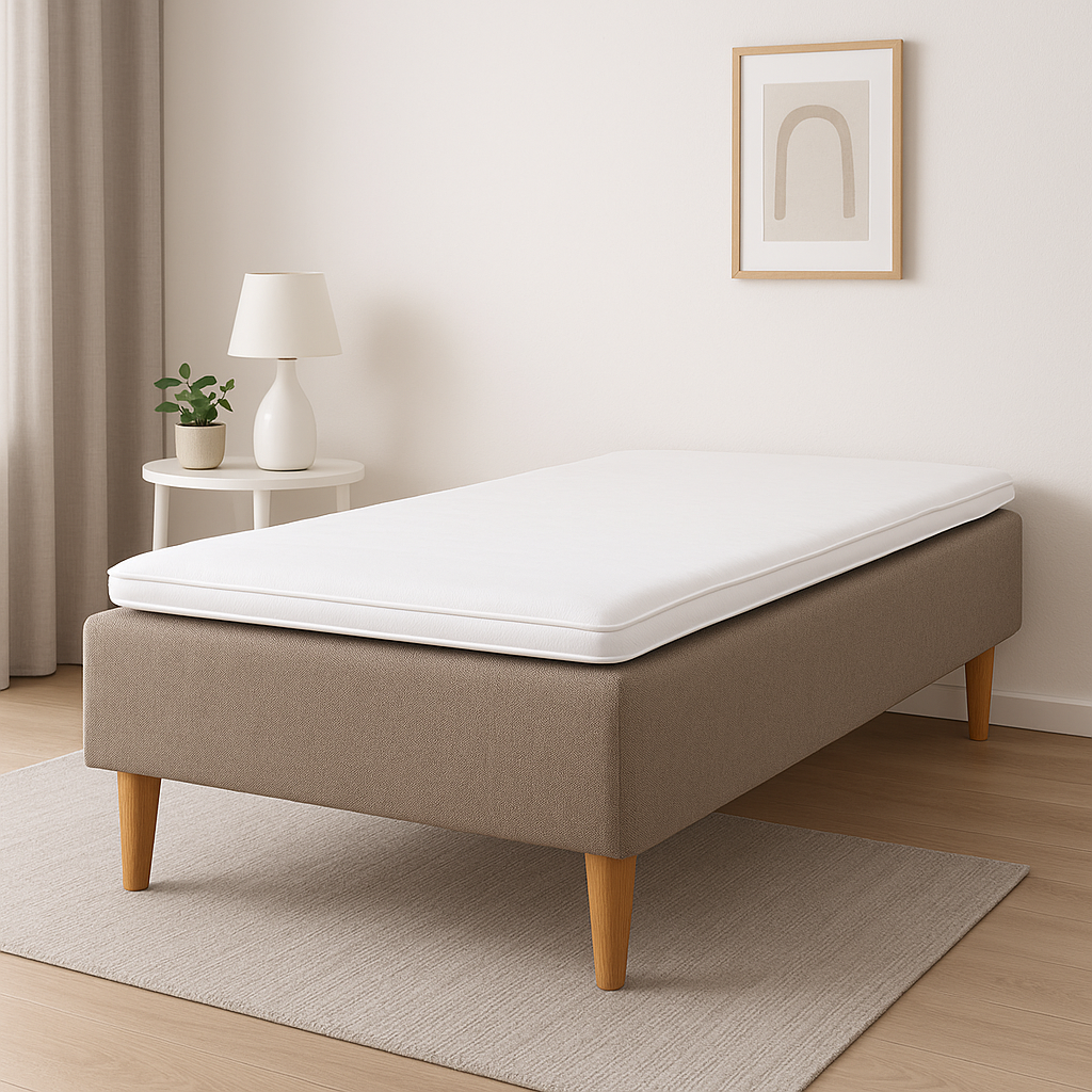 Hiekanvärinen Hilding Original -runkopatja 120 x 200 cm luonnonvärisillä 23 cm korkeilla Royal -tammijaloilla ja profiloidulla Hilding kimmovaahtosijauspatjalla. Stailattu visualisointi.