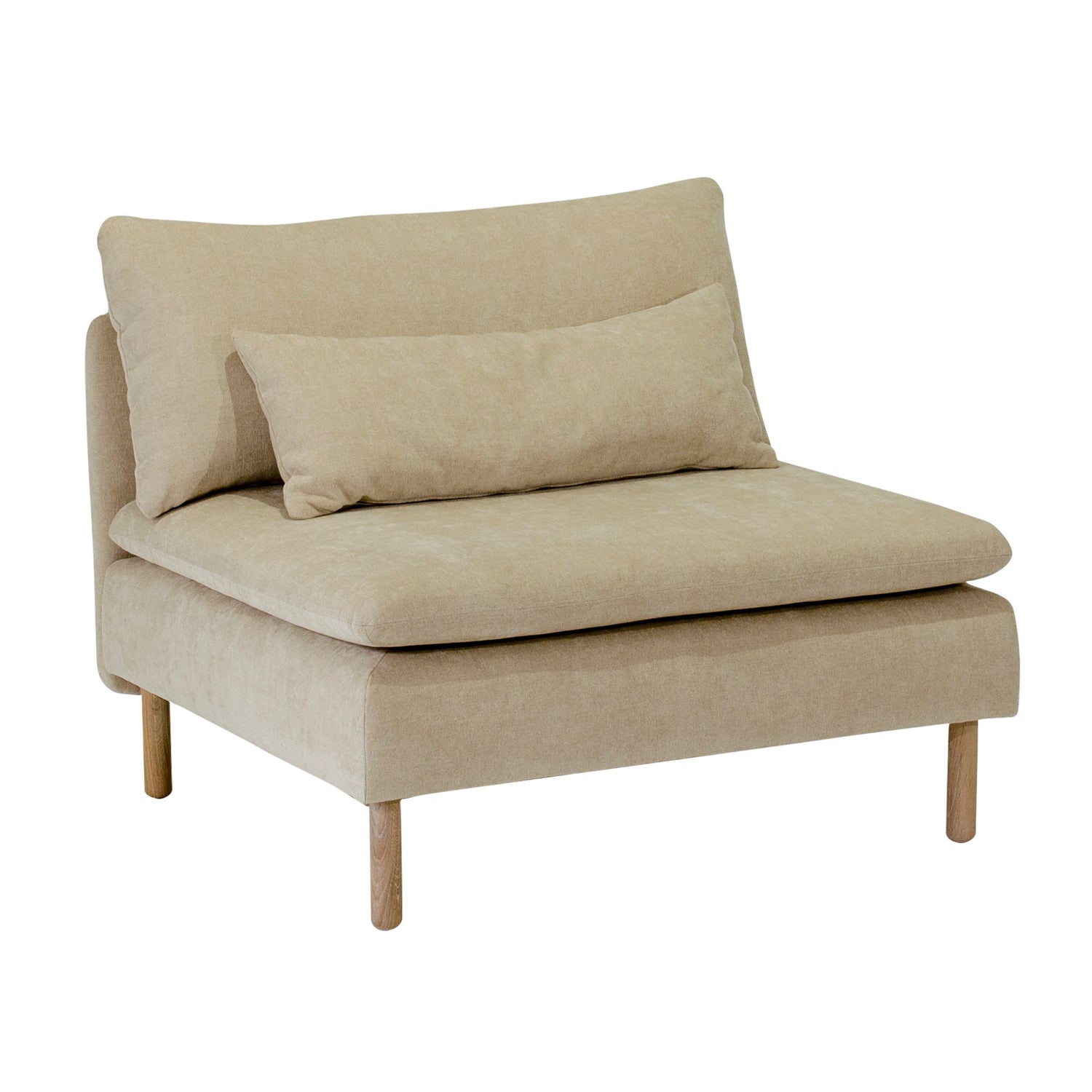 Idyll-moduulisohvan keskiosa beigellä Capri 02 -verhoilukankaalla ja luonnonvärisillä öljytyillä tammijaloilla.