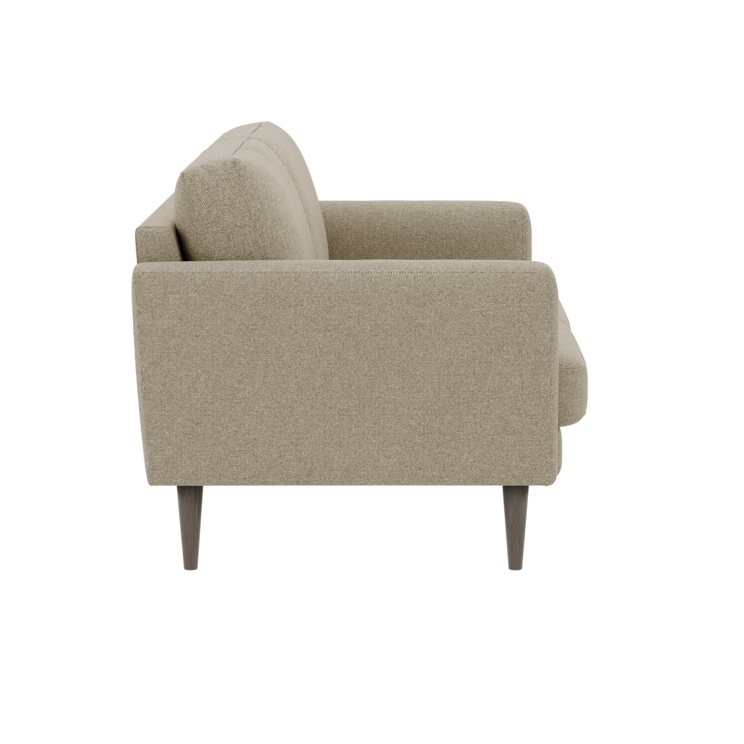 Ilona 2-istuttava sohva tumman hiekanvärisellä Naomi 430 -kankaalla ja wengen värisillä 18 cm korkeilla pyöreäkartiojaloilla. Kuvan sohvassa on 10 cm leveät KN10-käsinojat.