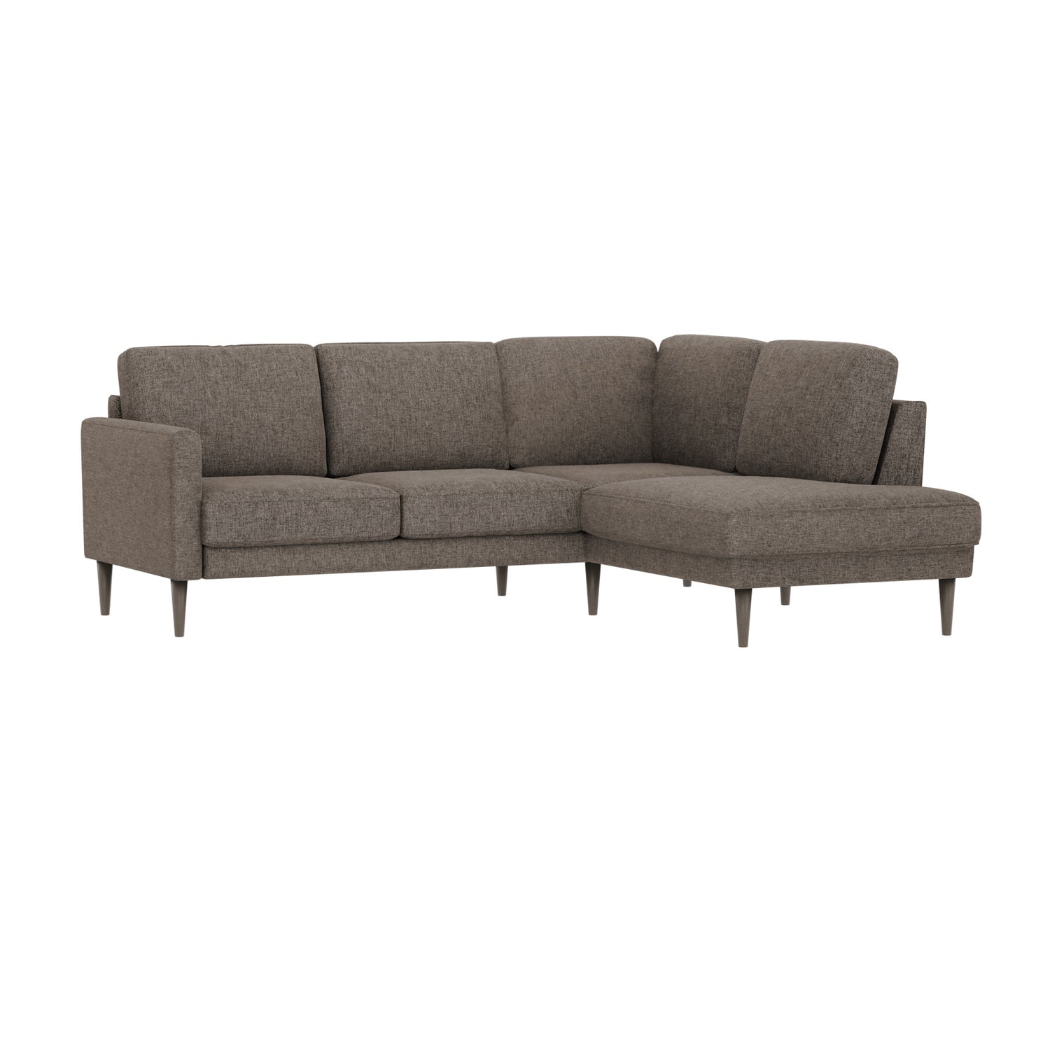 Ilona -kulmadivaanisohva ruskealla AC Laviano 32 -kankaalla ja 18 cm korkeilla wengenvärisillä pyöreäkartio-jaloilla. Kuvan sohvassa on 10 cm leveä KN10-käsinoja.