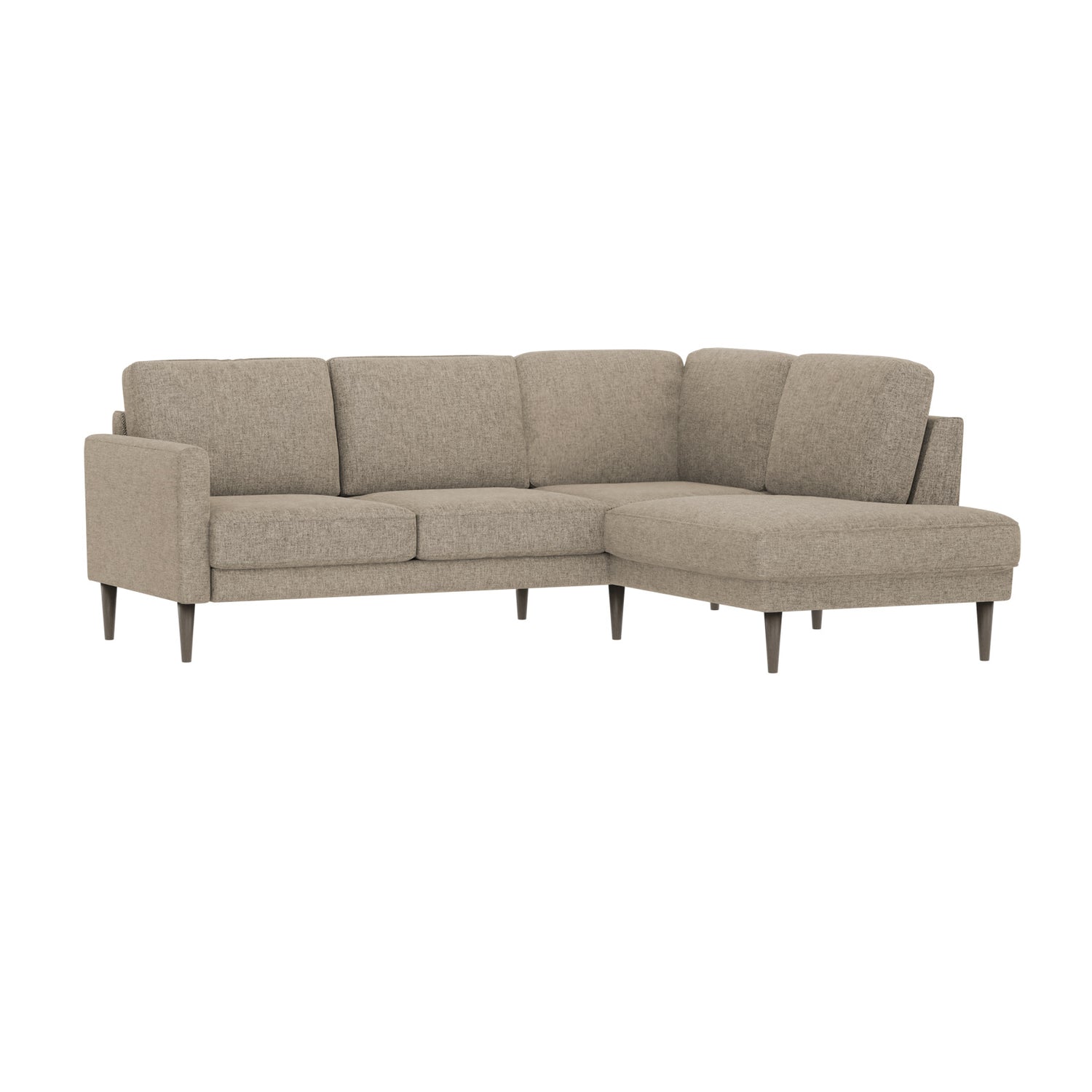 Ilona -kulmadivaanisohva harmaanbeigellä AC Laviano 345 -kankaalla ja 18 cm korkeilla wengenvärisillä pyöreäkartio-jaloilla. Kuvan sohvassa on 10 cm leveä KN10-käsinoja.