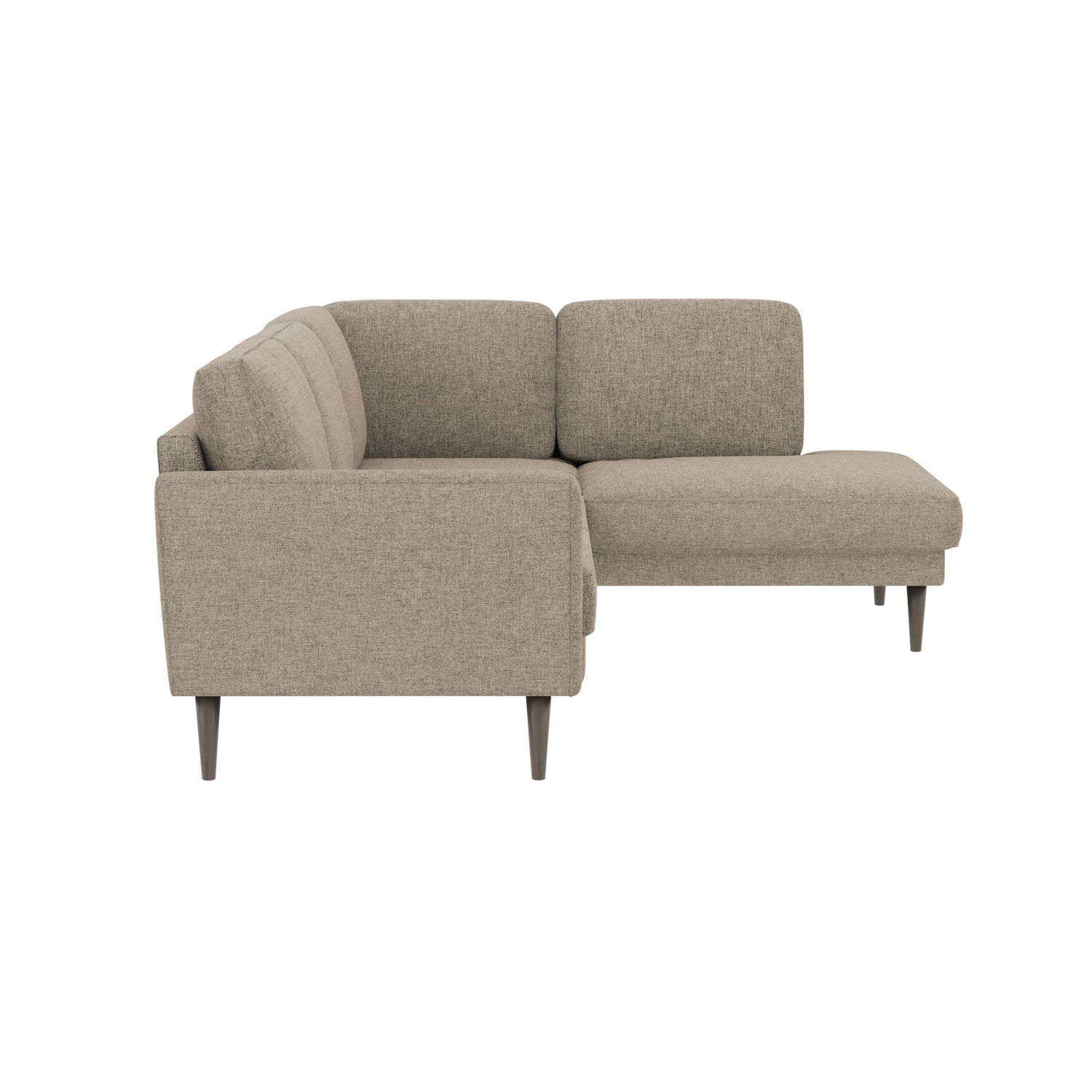 Ilona -kulmadivaanisohva harmaanbeigellä AC Laviano 345 -kankaalla ja 18 cm korkeilla wengenvärisillä pyöreäkartio-jaloilla. Kuvan sohvassa on 10 cm leveä KN10-käsinoja.